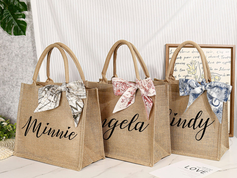 Burlap Bags Bridesmaid, Custom Jute Bag with Ribbon, Tote Gift Bags with Name, Personalized Beach Bag, Gift for Her, Bridal Party