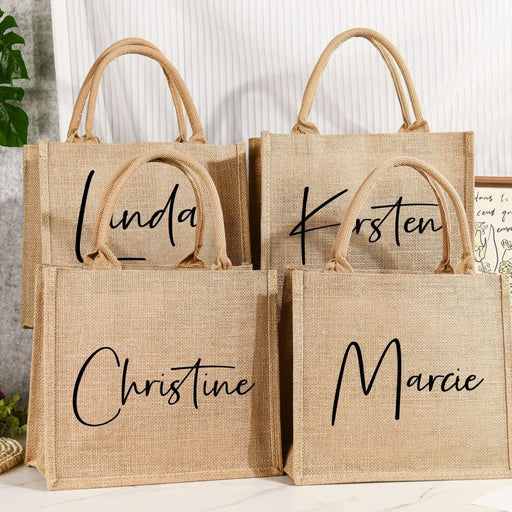 Burlap Bags Bridesmaid, Custom Jute Bag with Ribbon, Tote Gift Bags with Name, Personalized Beach Bag, Gift for Her, Bridal Party