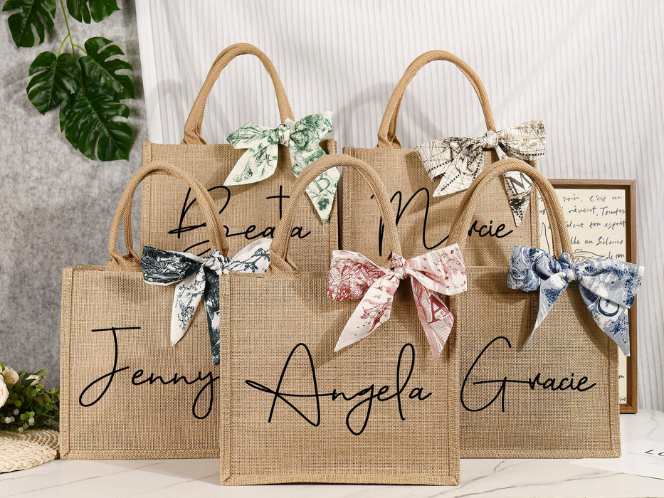 Burlap Bags Bridesmaid, Custom Jute Bag with Ribbon, Tote Gift Bags with Name, Personalized Beach Bag, Gift for Her, Bridal Party