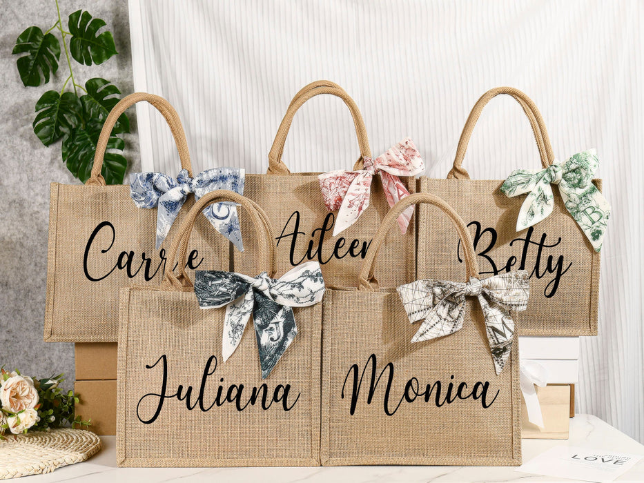 Burlap Bags Bridesmaid, Custom Jute Bag with Ribbon, Tote Gift Bags with Name, Personalized Beach Bag, Gift for Her, Bridal Party